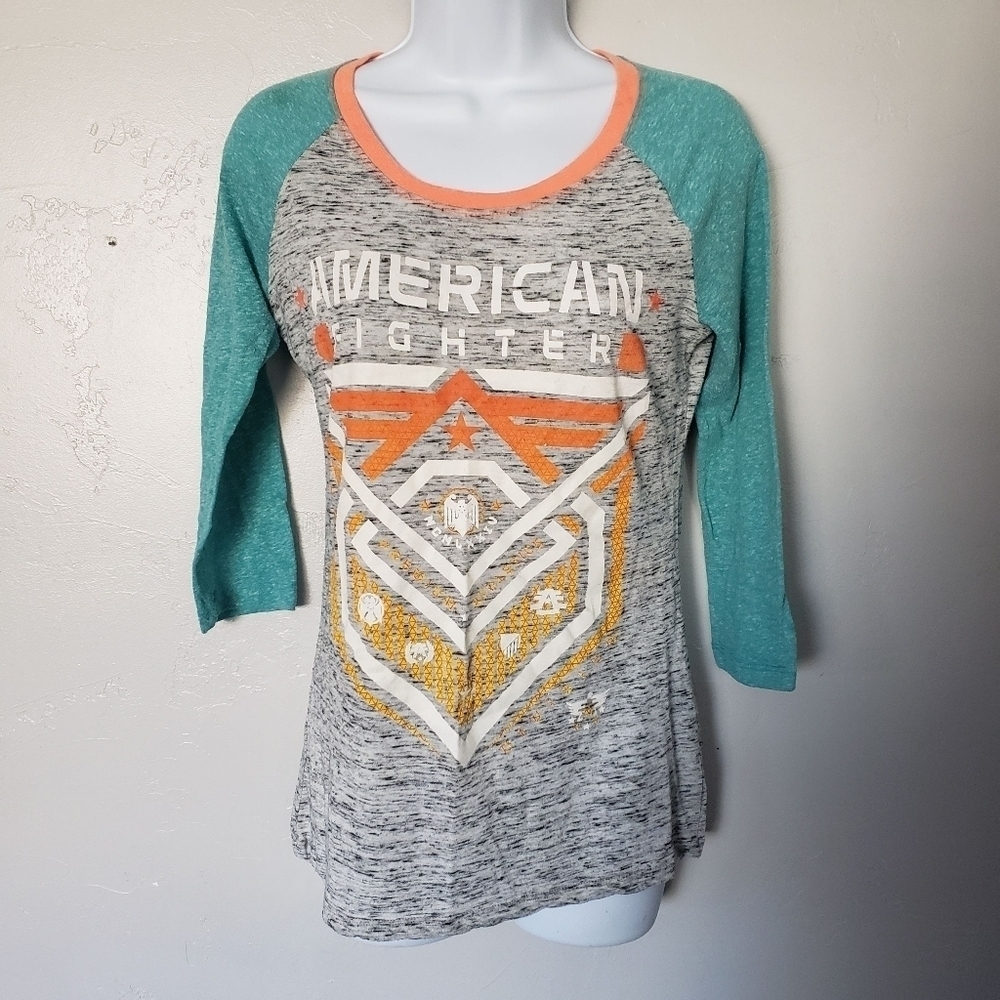American Fighter Women's Small Raglan T-shirt Quarter Sleeve Grey Teal Orange